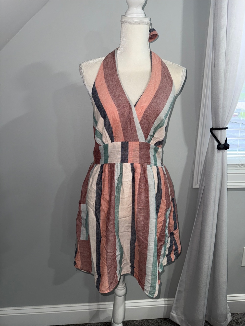 Striped Halter Summer Dress in Peach and Teal